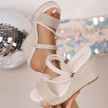 Women'S Black Wedge Sandals with Metallic Accents  Cut-Out Design - Open-Toe Platform Heel, Faux Cover Summer Shoes for Casual  Party Wear, High Heel Sandals, Evening Wear, Stylish Wedge, Durable Footwear