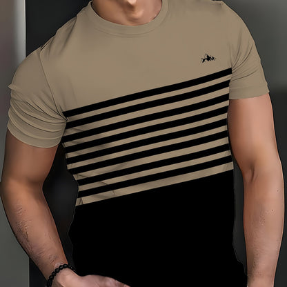 Stylish Men'S Top, a Short-Sleeve T-Shirt with Vibrant 3D Print Striped Patchwork And a Round Neck, Perfect for Summer Street Fashion And Casual Sports.