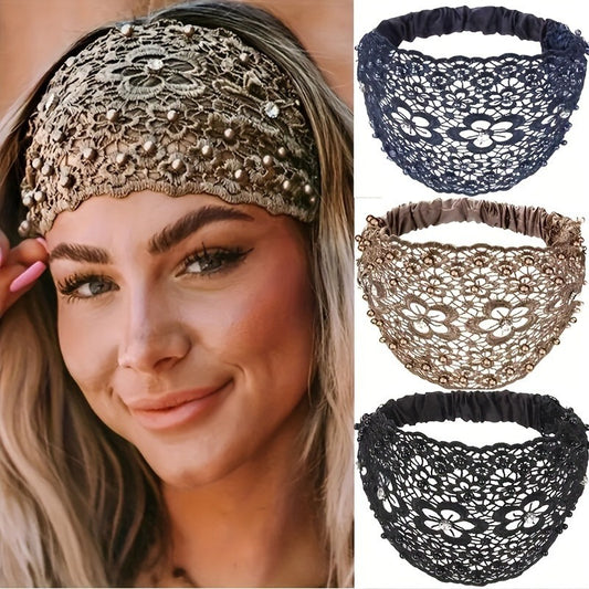 Boho Wide Lace Headband with Breathable Beaded Design - ayq