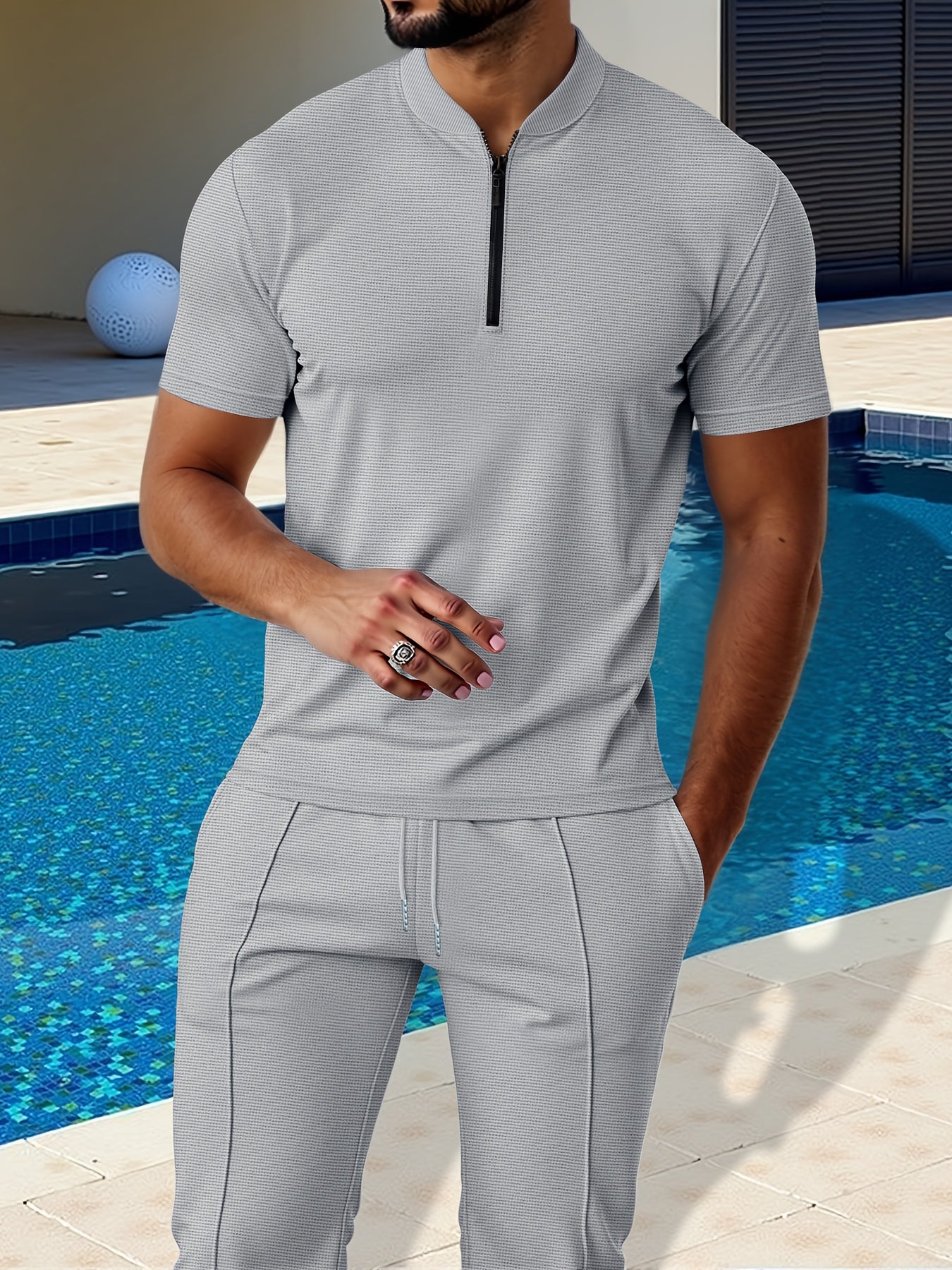 Men's Waffle Knit Zipper Shirt, Rib Collar Short Sleeve T-Shirt, Casual Breathable Summer Top - ayq