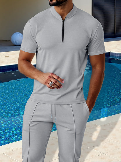 Men's Waffle Knit Zipper Shirt, Rib Collar Short Sleeve T-Shirt, Casual Breathable Summer Top - ayq