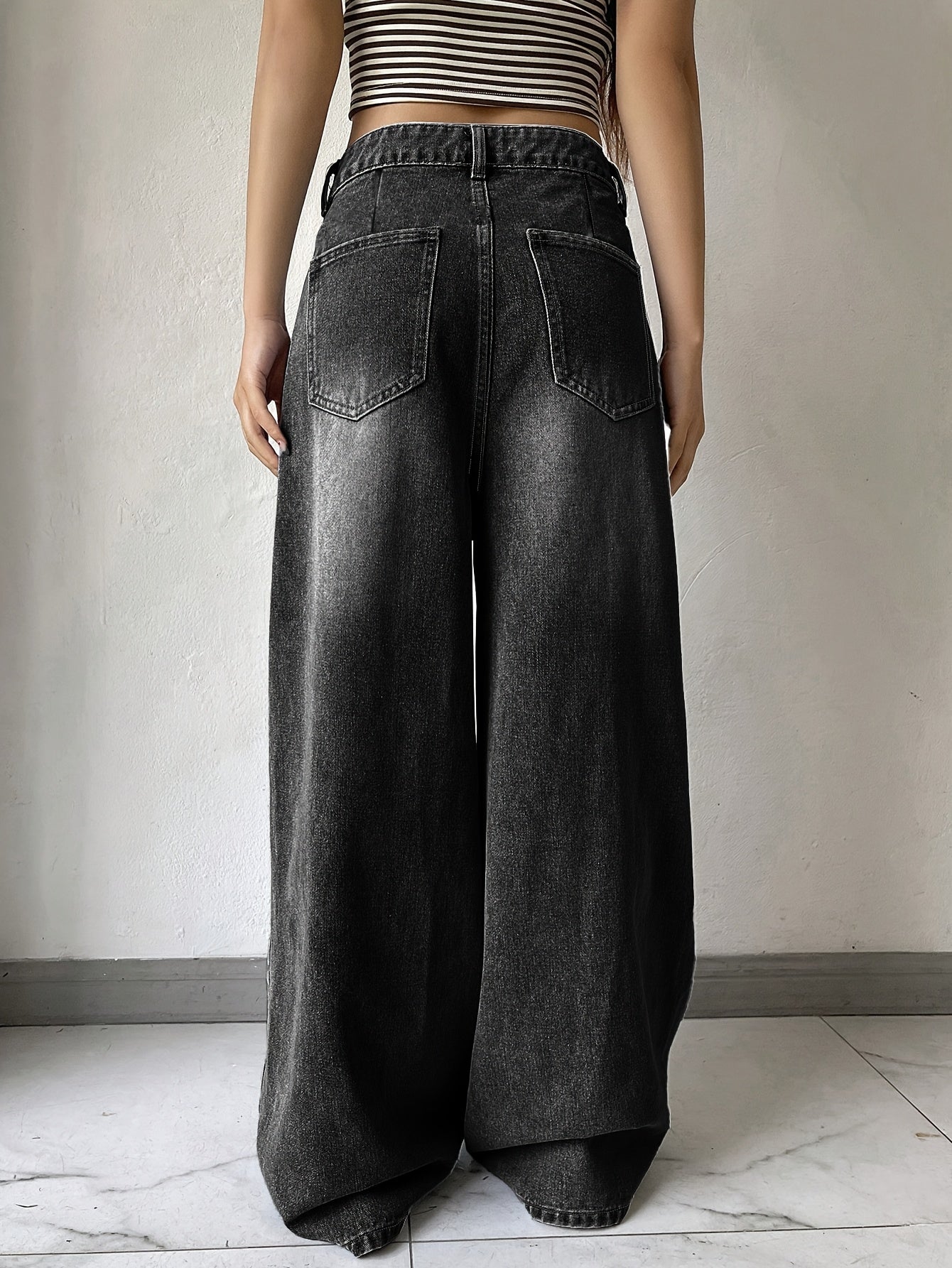 1pc Women's High-Waisted Wide Leg Denim Jeans, Casual Style, Solid Color, Non-Stretch Fabric, Straight-Leg Pants for Spring/Summer/Autumn