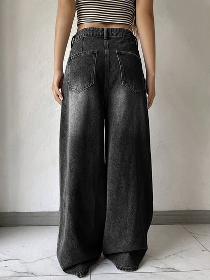 1pc Women's High-Waisted Wide Leg Denim Jeans, Casual Style, Solid Color, Non-Stretch Fabric, Straight-Leg Pants for Spring/Summer/Autumn