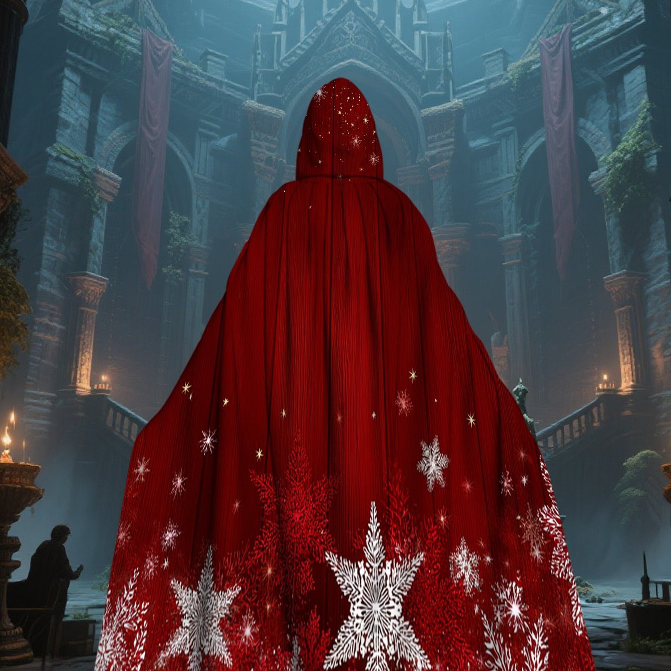 1pc Red & White Snowflake Cape with Hood - Long Flowing Winter Costume for s &, Christmas Party Costume, New Year's Eve Outfit, Themed Events - Machine Washable 100% Polyester Coat (Star Pattern Back), 2D Flat