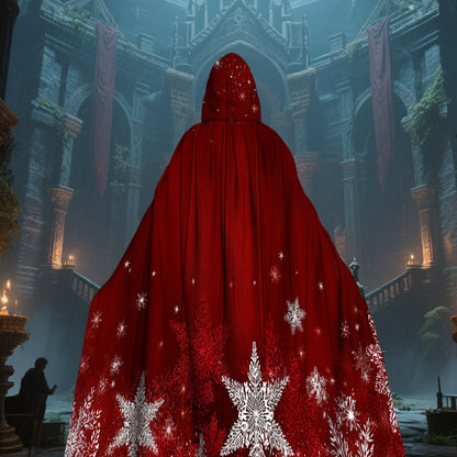 1pc Red & White Snowflake Cape with Hood - Long Flowing Winter Costume for s &, Christmas Party Costume, New Year's Eve Outfit, Themed Events - Machine Washable 100% Polyester Coat (Star Pattern Back), 2D Flat