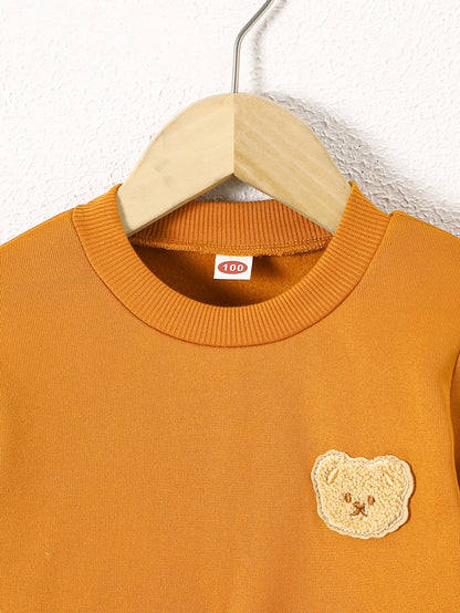 2pcs, Boys' Round Neck Sweatshirt Set, Suitable for Boys Aged 1-8, Fashionable Cartoon Bear Patch, Slightly Stretchy Fabric, Warm Fleece-Lined for Autumn and Winter, Ideal for Casual Sports Wear, Minimalist Style Perfect as a