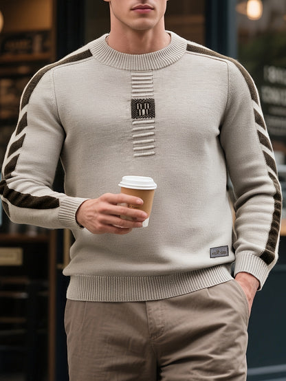 This Thick, Round-Neck Long-Sleeve Sweater for Men Features a Soft And Comfortable Design with Stylish Striped Edges, Perfect for Outdoor Gatherings And Everyday Wear, And Can Be Layered