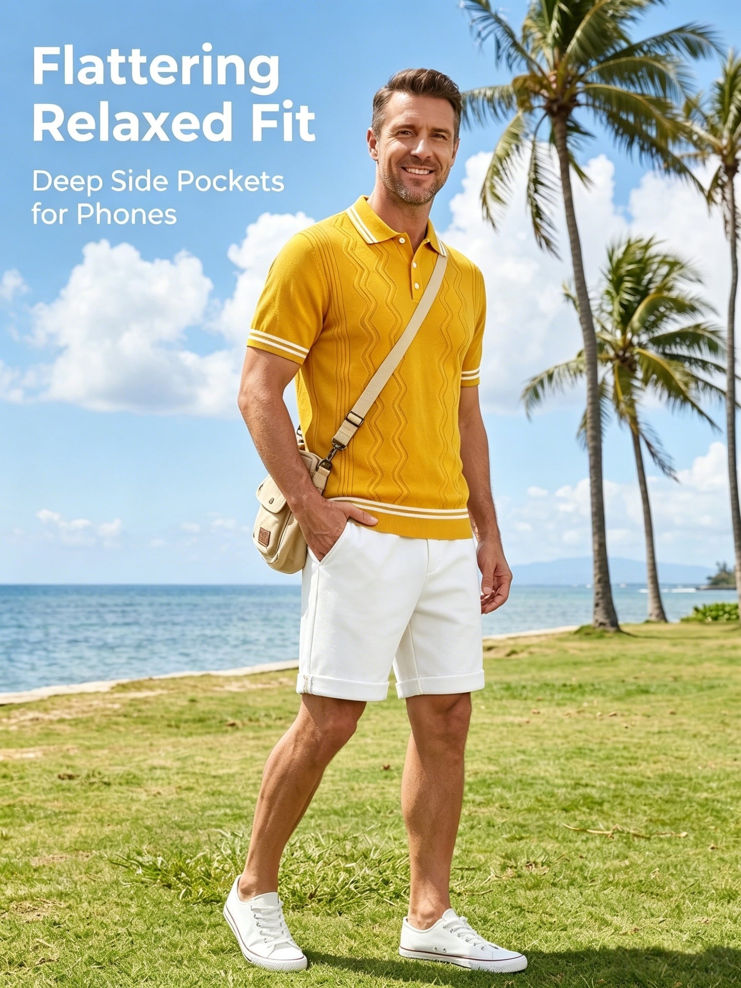 Men's Vintage Knit Polo & Shorts Set with Contrast Trim