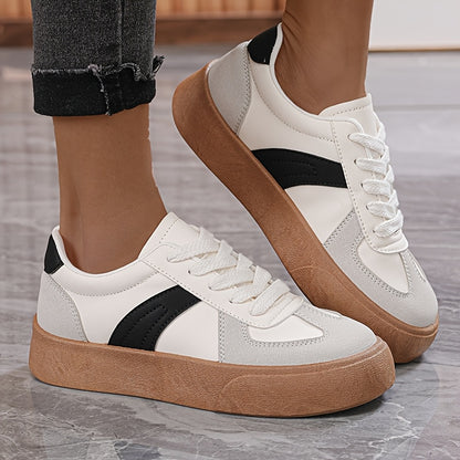 Women'S Striped Lace-Up Sneakers, Low Top Casual Shoes, All-Season Comfortable Lightweight Footwear, Plain Toe, Polyurethane Upper, Fabric Inner, Rubber Sole, Fabric Insole