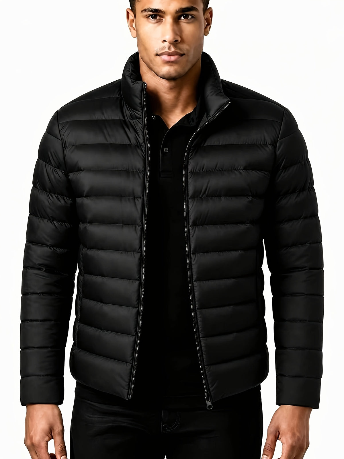 Men's Warm Winter Jacket with Stand Collar - Thick Polyester Coat