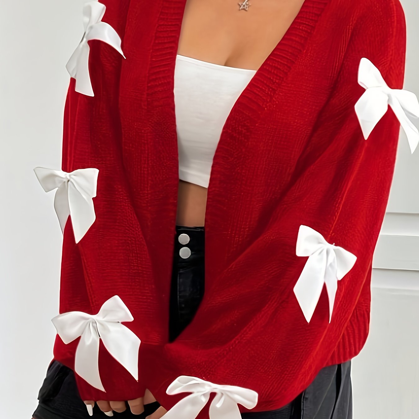 Plus Size - Women'S Casual V-Neck Cardigan with Playful Bow Details - Red, Long Sleeve, Button-Up Front, Lightweight & Breathable for Spring/Fall, Perfect for Casual Attire or Vacation Style, Spring Outerwear | Vneck Design |