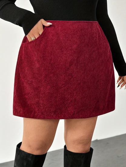 Plus Size, Burgundy All-Season A-Line Skirt with Double Pockets - Elegant Short to Midi Length, Pocketed Waist for Casual, Office & Vacation Wear - Plus Size Friendly Tailored Fit (No-Stretch Fabric)