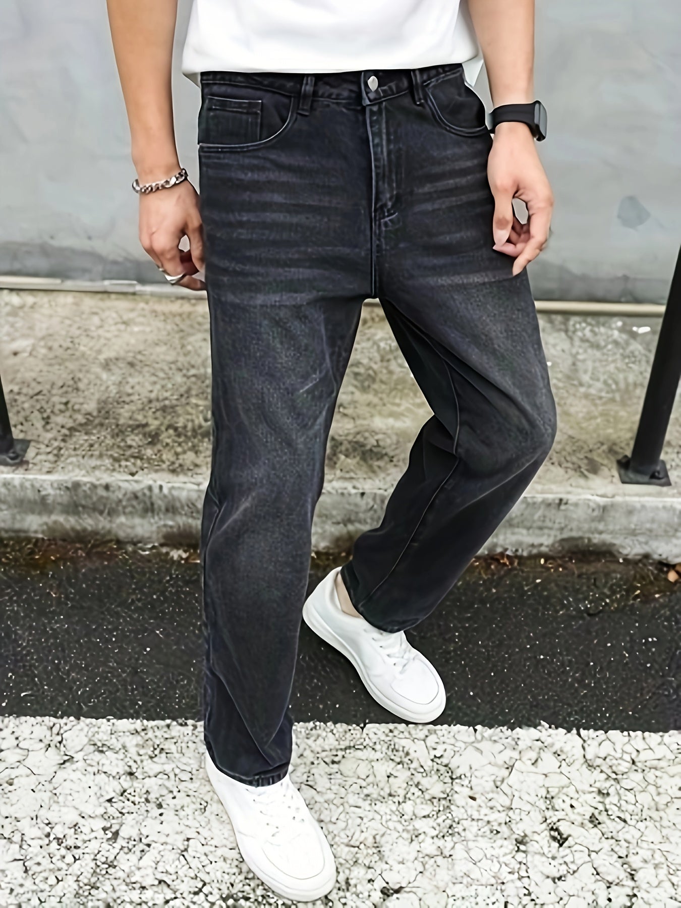 Men's Solid Loose Fit Denim Pants, Spring Fall Casual Trendy Cotton Jeans For Males