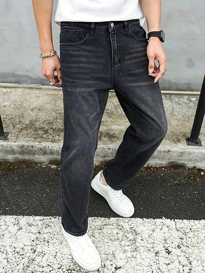 Men's Solid Loose Fit Denim Pants, Spring Fall Casual Trendy Cotton Jeans For Males