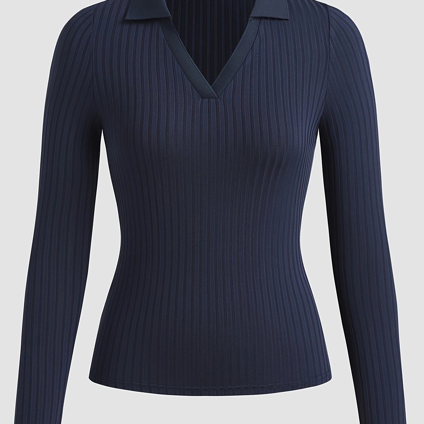 Elegant Navy Blue Ribbed Long Sleeve Top for Women - Chic V-Neck with Collar, Stretchy Polyester Blend, Machine Washable - Perfect for Spring & Autumn