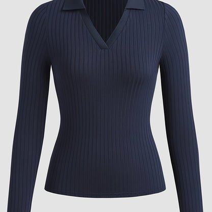 Elegant Navy Blue Ribbed Long Sleeve Top for Women - Chic V-Neck with Collar, Stretchy Polyester Blend, Machine Washable - Perfect for Spring & Autumn