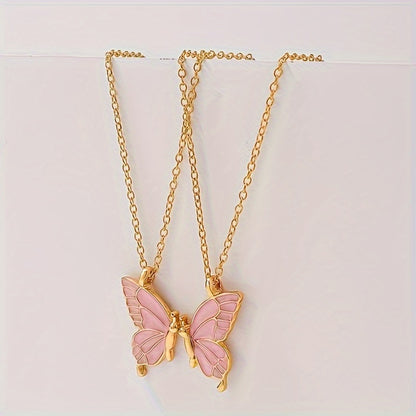 2pc Pink Color Butterfly Pendant Necklace Adjustable Zinc Alloy Neck Chain Jewelry For Couples