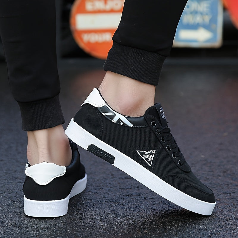 Men's Retro Breathable Canvas Sneakers - Comfortable, Non-Slip Rubber Sole Walking Shoes, Casual Low-Top Lace-Up Design with Triangular Logo, Black & White Accents, Durable PU Upper for Casual Attire