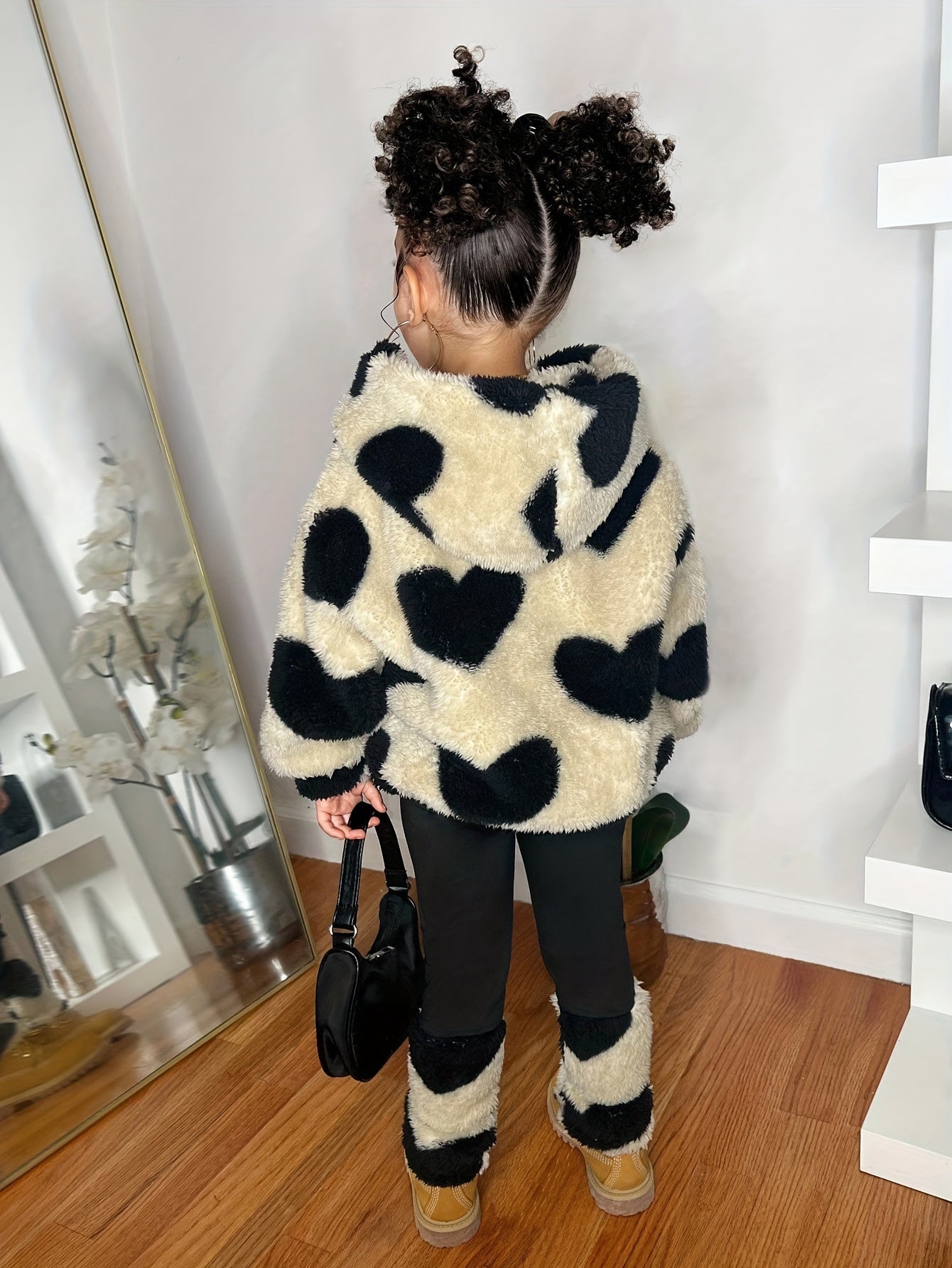 1- Girls' Fashion Casual Heart Print Plush Hoodie and Patchwork Knit Pants Set, Suitable for Autumn and Winter, School, Leisure, Outdoor Sports, Perfect for Outdoor