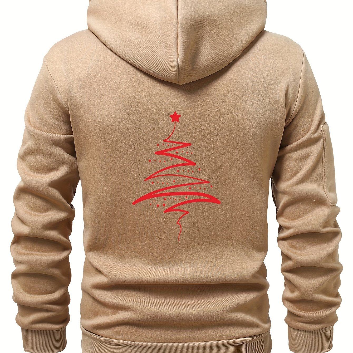 Men'S Minimalist Red & Christmas Tree Print Hooded Sweatshirt - Long Sleeve Casual Pullover with Piping, Regular Fit Winter Warmth for Holiday Parties, Outdoor Activities & Casual Attire, Christmas Sweatshirt, Seasonal Fashio
