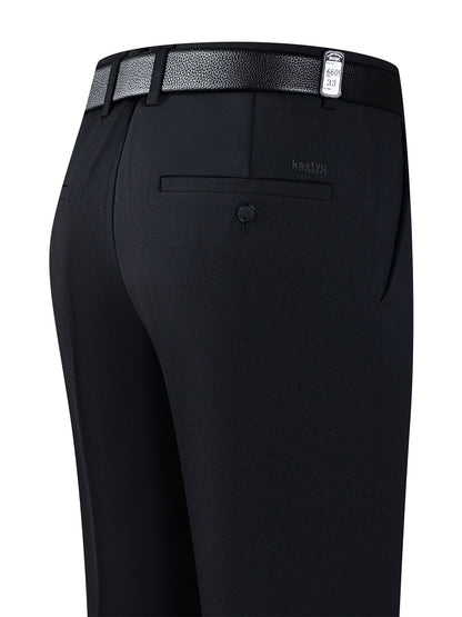 [Lightweight Design] Men's High-Waist Stretch Dress Pants - Wrinkle-Resistant, Dark Blue Business Casual with Pockets, Straight Leg Fit for Spring/Fall