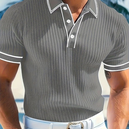 Men's Short Sleeve Shirt - Textured Striped Collar, Solid Color, Regular Fit, Machine Washable, Versatile for Business Casual & Formal Occasions - ayq