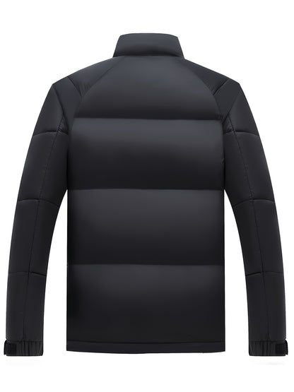 Men'S Winter Warm Jacket - Stylish Black Stand Collar with "CONTRIBUTING" Lettering, Long Sleeve, Zip-Up, Polyester Fleece Lined, Casual Outdoor Sportswear, Winter Jacket, Men, Men'S Business Coat, Men'S Outer Winter, Winter