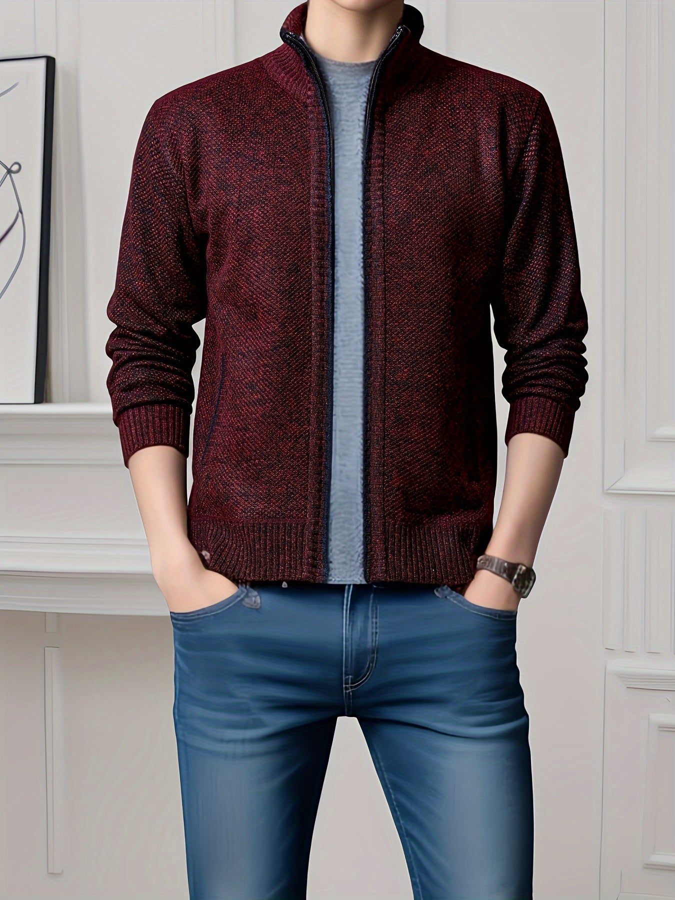 Men's Solid Fleece Knitted Cardigan With Pockets, Casual Long Sleeve Turtle Neck Zip Up Warm Sweater For Winter Fall Outdoor Activities