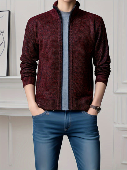 Men's Solid Fleece Knitted Cardigan With Pockets, Casual Long Sleeve Turtle Neck Zip Up Warm Sweater For Winter Fall Outdoor Activities