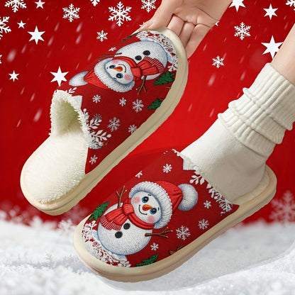 Cozy Fleece-Lined Slip-On Slippers with Snowman & Reindeer Design - Soft Fabric Upper, EVA Sole, Round Toe, Perfect for Fall/Winter, Unisex Couple Matching, Cute Slippers, Winter Footwear, Playful Design, Comfortable Footwear