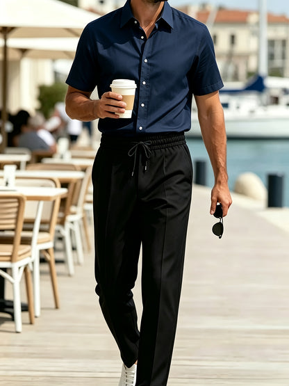 Men's Casual Lapel Short Sleeve Shirt & Elastic Waist Trousers Set