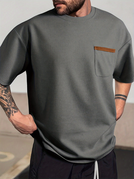 Men's Solid T-shirt With Chest Pocket, Casual Short Sleeve Crew Neck Tee, Men's Clothing For Summer Outdoor