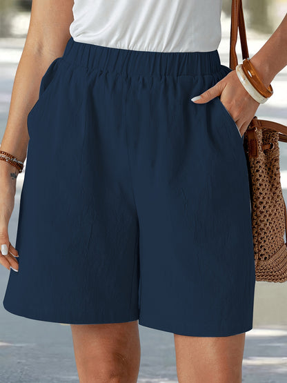 Women'S Elegant Solid Color Casual Comfort Shorts, 95% Polyester 5% Elastane, Summer Woven Fabric, 120g/m², Loose Fit - Navy Blue