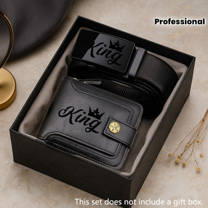 2pcs Men's Belt & Wallet Combo Matching Set - King Print Design, Business Professional Belt & Wallet with Cash Pocket - Gift for Dad, Husband (Valentine's Day, Graduation) - Stylish Male Accessory Suitable for Outfit Essentia