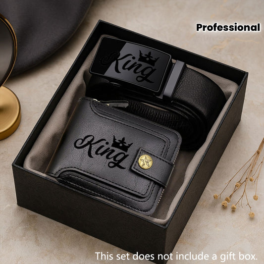 2pcs Men's Belt & Wallet Combo Matching Set - King Print Design, Business Professional Belt & Wallet with Cash Pocket - Gift for Dad, Husband (Valentine's Day, Graduation) - Stylish Male Accessory Suitable for Outfit Essentia
