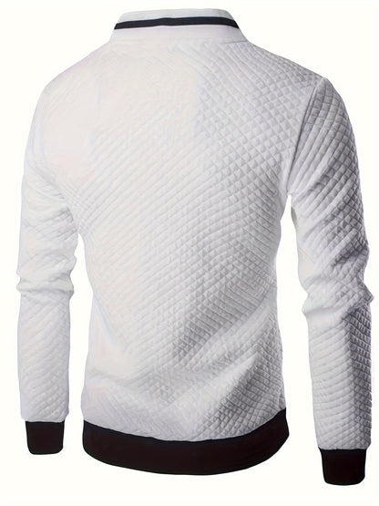 [Lightweight Design] Men's Navy Blue Varsity Jacket with Golden Embroidery - Casual Zip-Up Baseball Coat for Fall/Winter, Quilted Polyester Fabric, Loose Fit, Machine Washable