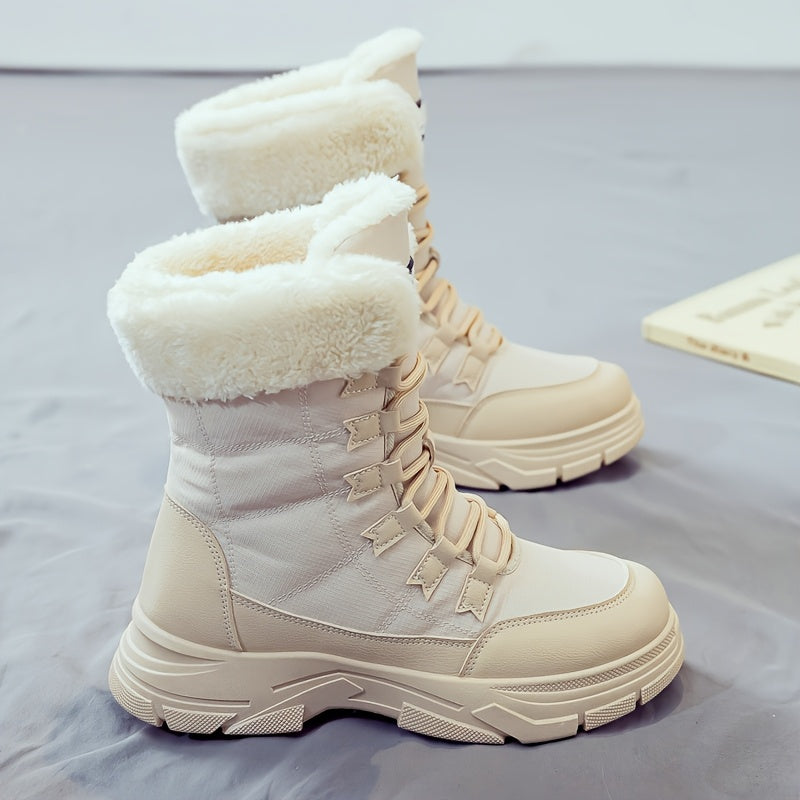 Women'S Winter Boots - Thick Platform Sole for Height & Traction, Lace-Up Mid-Calf Boots with PU Synthetic Cover Upper, Non-Slip PVC Outsole - Beige/White Cold Weather Shoes for Everyday, Formal, Party - Easy-Clean & Durable