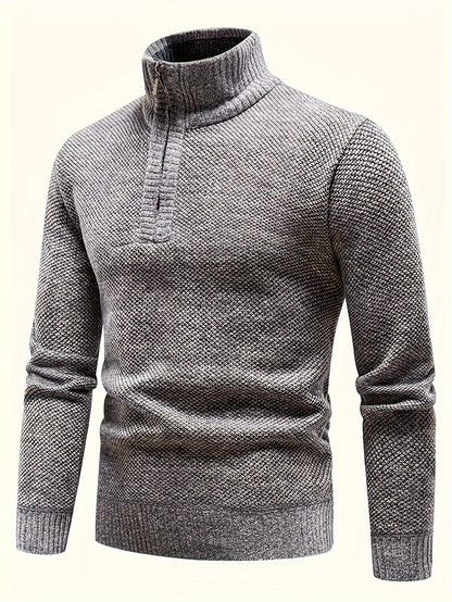 Men's Fleece-Lined Warm Knit Sweater - Autumn/Winter, Solid Color with Stand Collar & Short Zipper Placket, Long Sleeve, Polyester - Ideal for Hiking, Cycling & Casual Attire, Winter Sweater