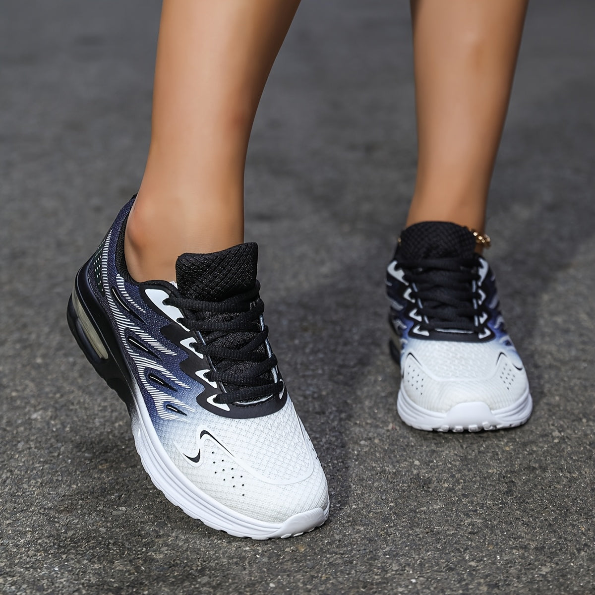 Women'S Breathable Mesh Running Shoes with Air Cushion - Lightweight Casual Sneakers, Camouflage Print, Lace-Up Low Tops for All-Season Comfort, White  Navy Design, Ladies Sneakers, Comfortable Footwear, Stylish Sneakers, Cu
