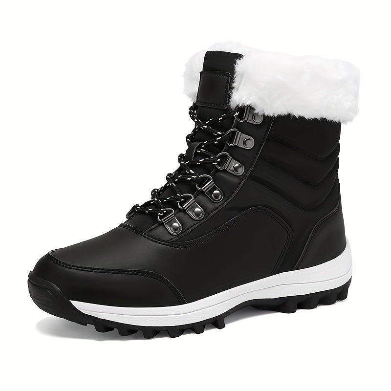 Women's Winter Snow Boots with -Like Collar & Traction Tread - Warm Round Toe Ankle-High Black/White Booties, Rubber Sole for Ice & Snow, Cold Weather Shoes (No Calf Strap) - Chinese New Year Ready Footwear