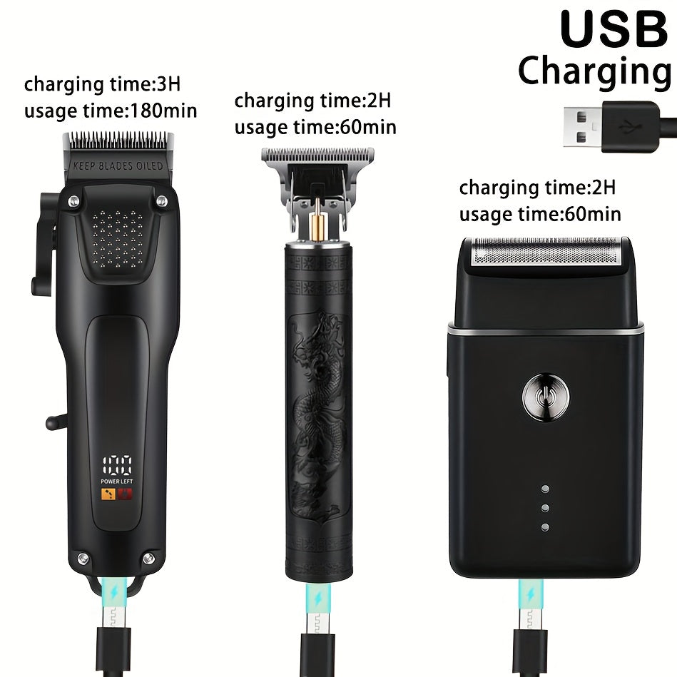 3pcs Men'S Professional Hair & Beard Grooming Kit - Cordless Clippers with LED Display, Precision Trimmer Set, USB Rechargeable, for Home Use, Perfect Holiday Gift - ayq