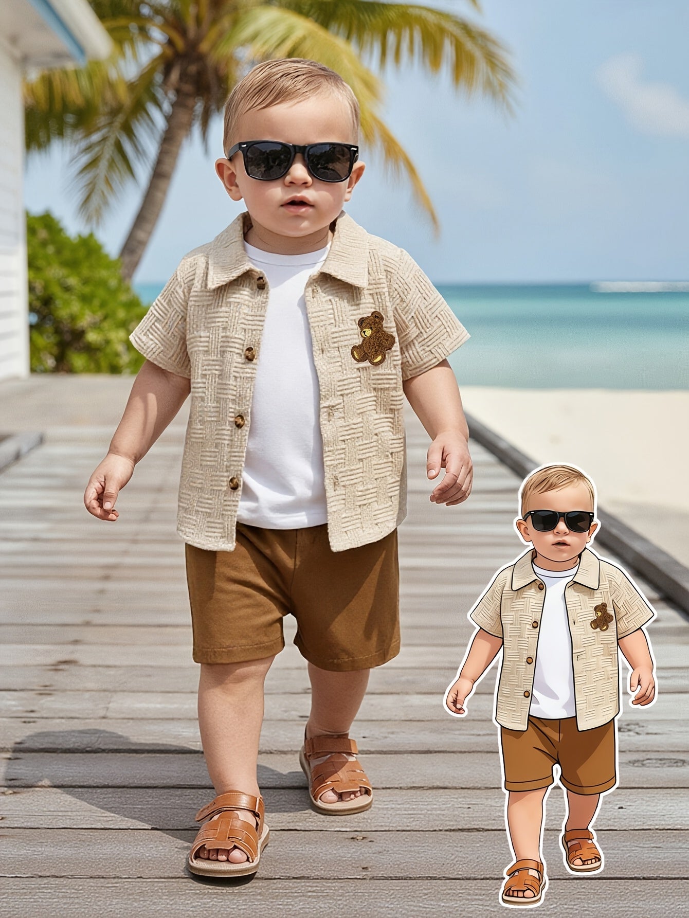 Baby Boy Spring/Summer 2-Piece Shirt & Shorts Set with Bear Applique