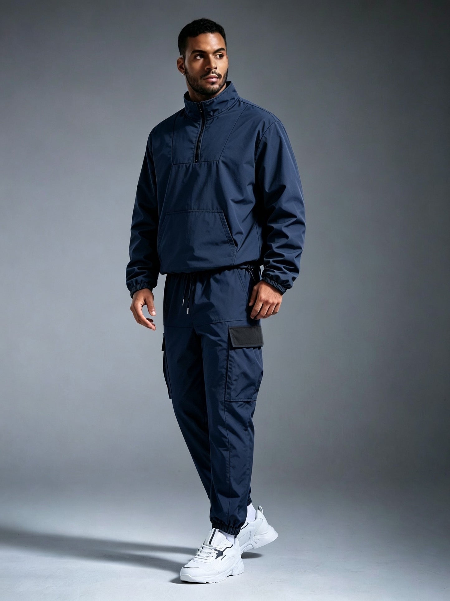 Men's Windproof Nylon Athletic Tracksuit Set with Cargo Pants