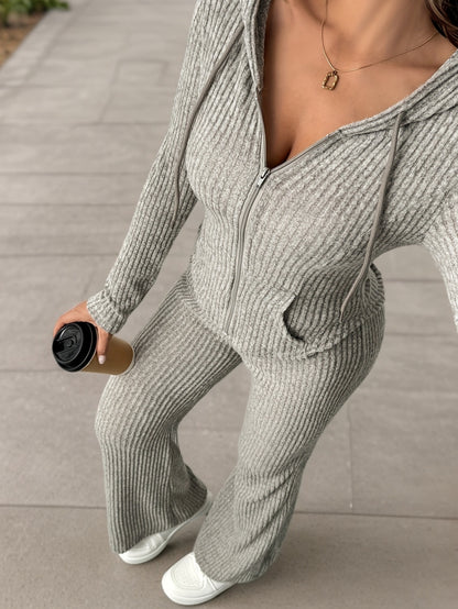 2pcs Women's Solid Color Hooded Zip-up Top and Casual Flared Pants Set - ayq