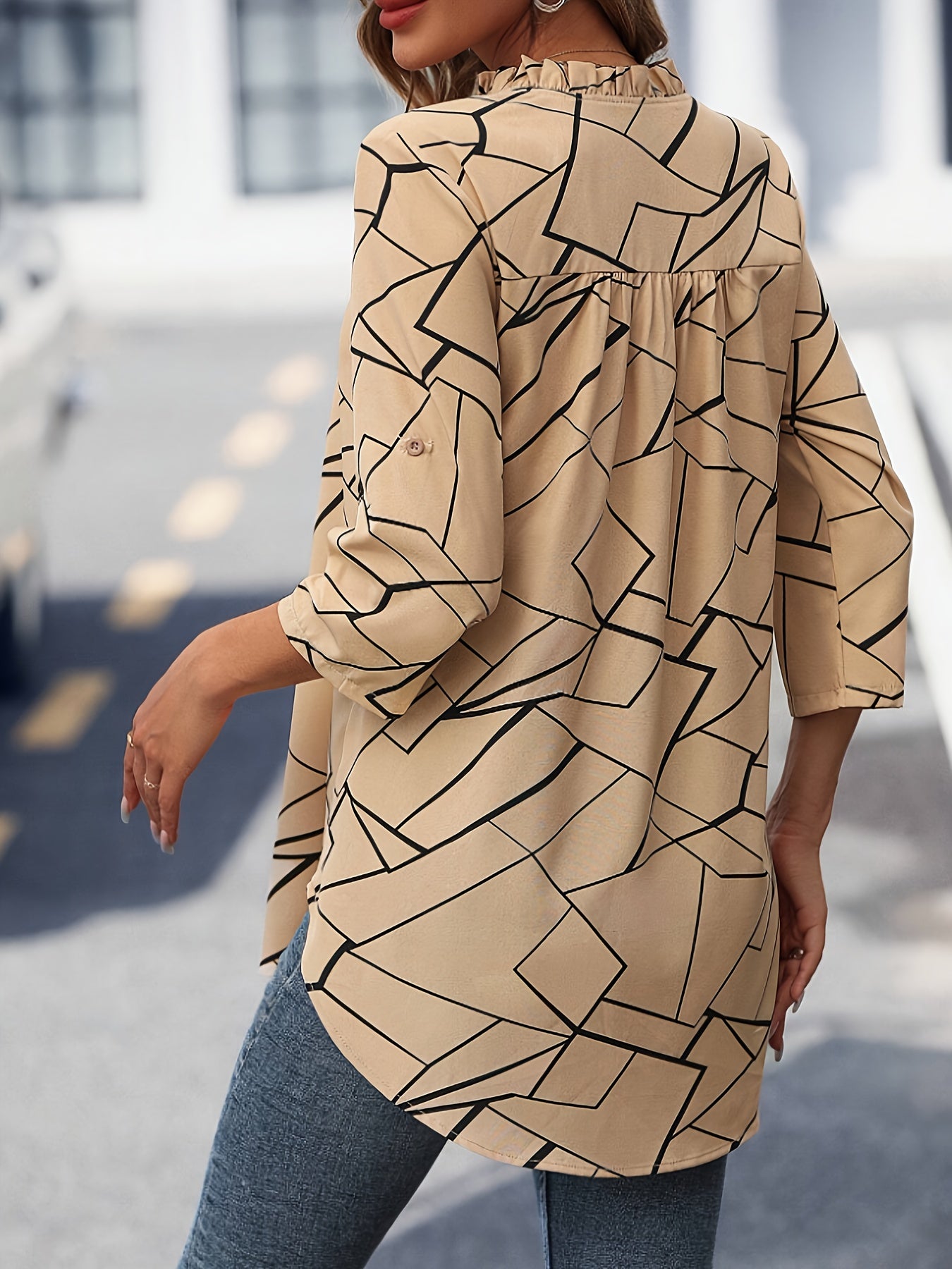 Geo Print V-neck Blouse, Elegant Roll-up Sleeve Curved Hem Top For Spring & Summer, Women's Clothing
