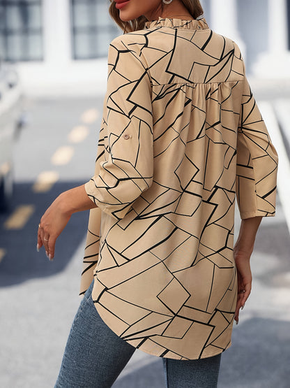 Geo Print V-neck Blouse, Elegant Roll-up Sleeve Curved Hem Top For Spring & Summer, Women's Clothing