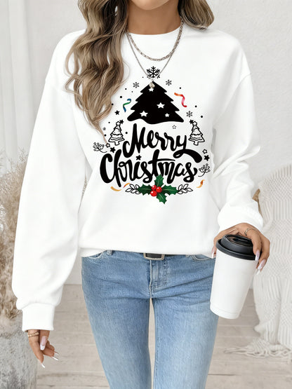 Women's Red Christmas Tree & Lettering Sweater - Cozy Winter Pullover with Round Neck Long Sleeve, Thickened Sweating-Reducing Blouse for Xmas Party Outfits, Family Gatherings (Machine Washable, Autumn/Winter Clothing)