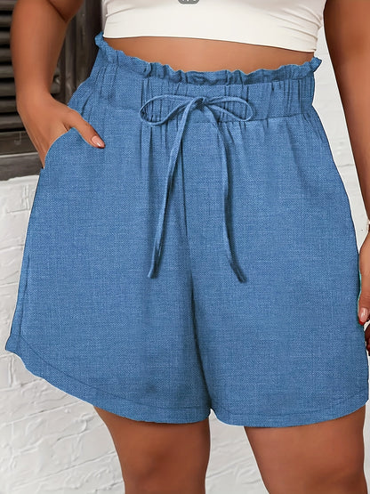 Relaxed Style| Women's Light Blue Faux Denim Casual Shorts - High-Waisted, Loose Fit with Drawstring, Summer Wash-Free Polyester Shorts for Everyday Comfort, Summer Casual Wear|Drawstring Shorts|No Stretch Fabric, High Waiste