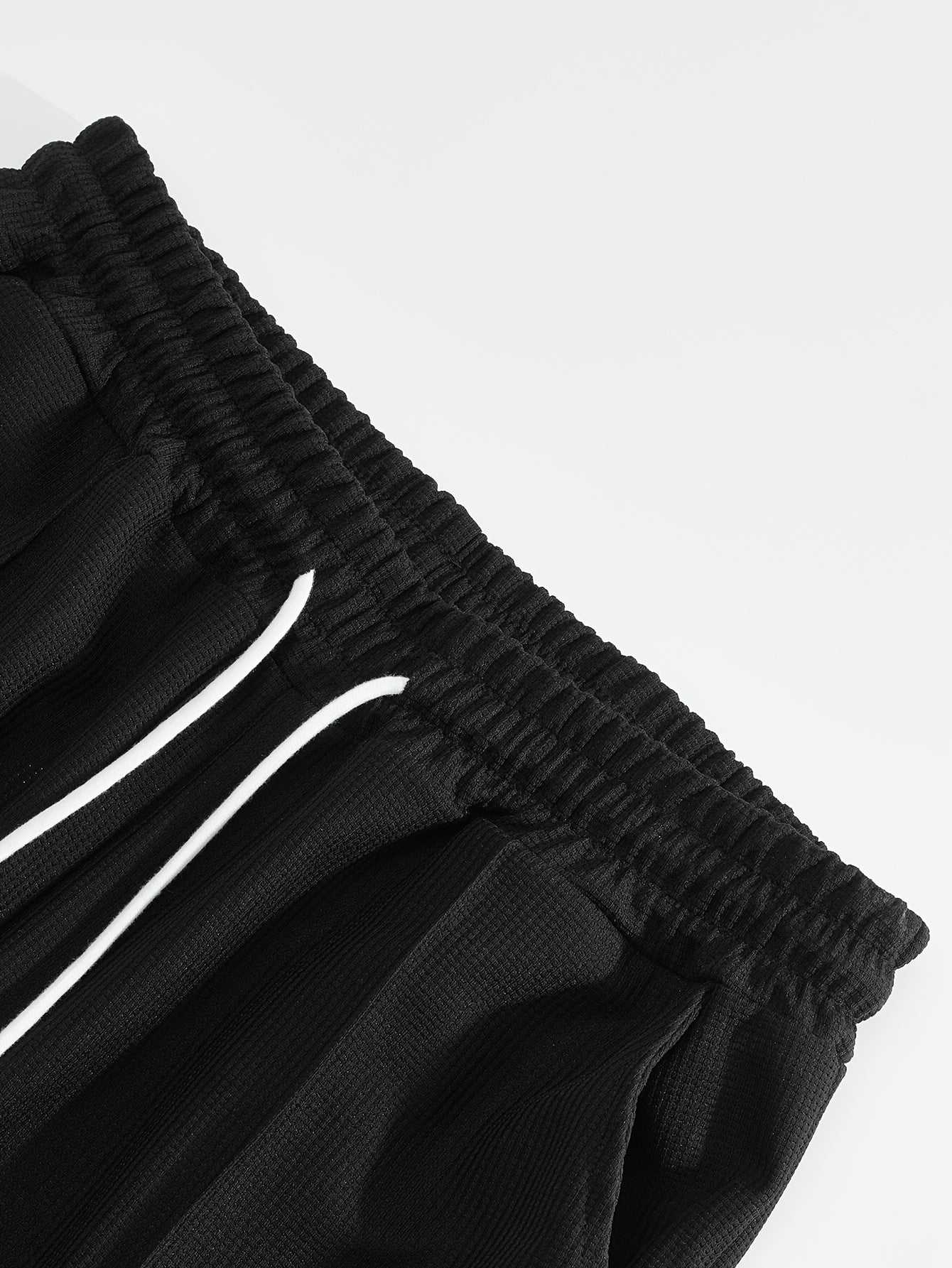 Men's 2pcs Waffle Knit Casual Outfit: Zip-Up Short Sleeve Collared Shirt & Drawstring Pants - Black, Polyester Blend, Ideal for Casual Attire in Spring/Summer