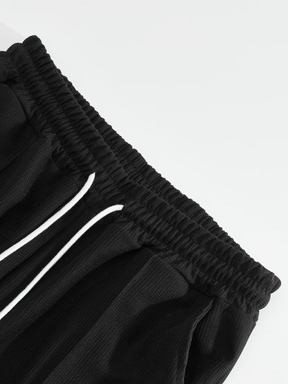 Men's 2pcs Waffle Knit Casual Outfit: Zip-Up Short Sleeve Collared Shirt & Drawstring Pants - Black, Polyester Blend, Ideal for Casual Attire in Spring/Summer